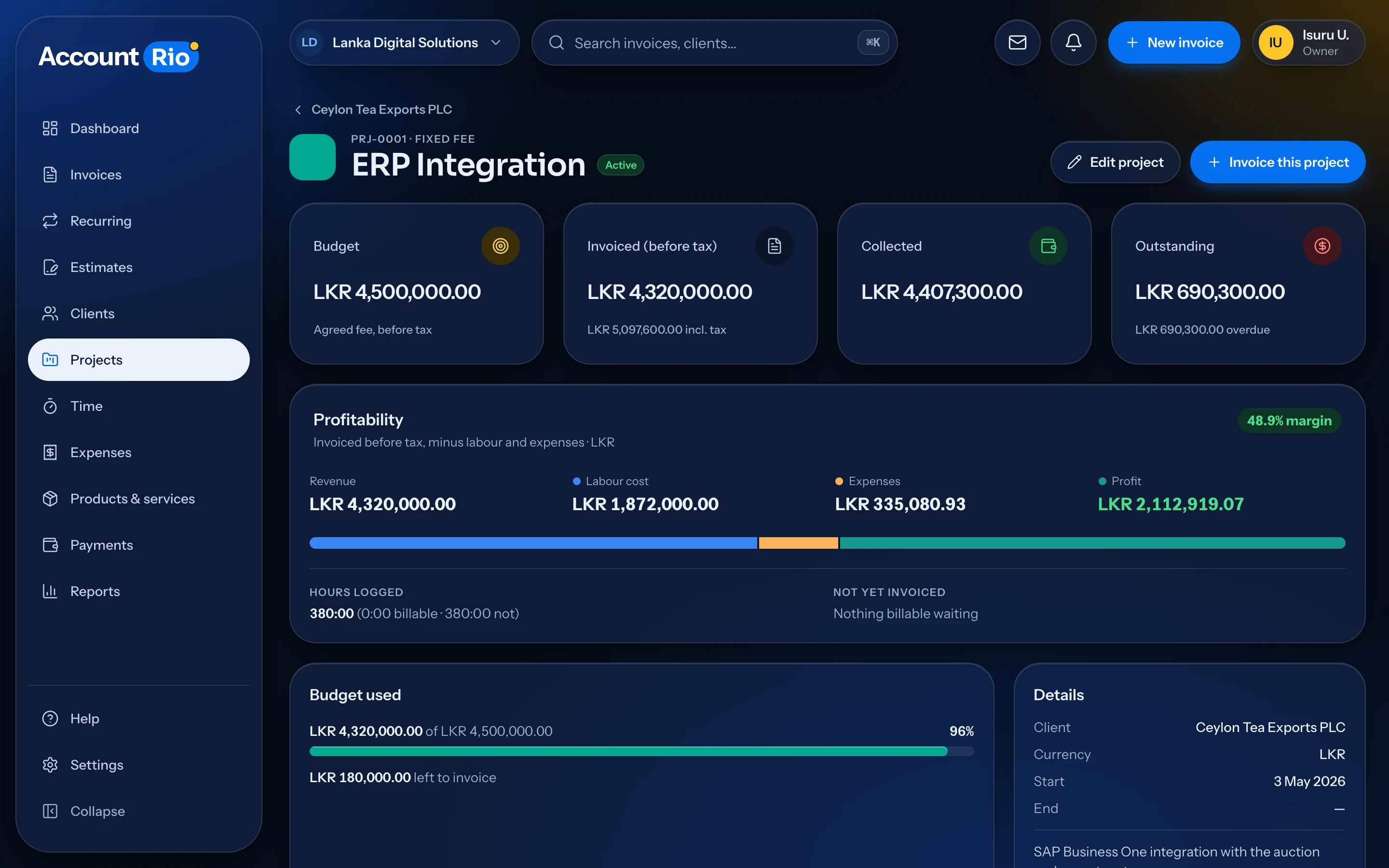 A project in AccountRio showing budget, revenue, labour cost, expenses and a 48.9% margin